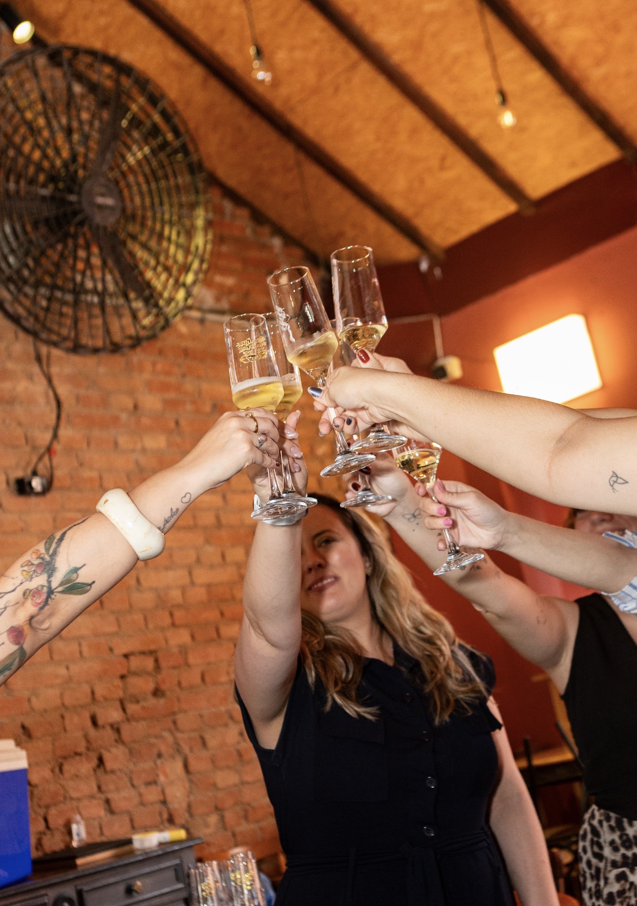 Mulheres brindando durante um encontro do Entre Xícaras